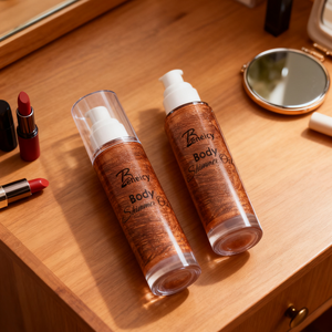 น้ำมันบรอนเซอร์เนื้อบางเบาแบบเต็มขวดสำหรับแบรนด์ส่วนตัว น้ำมันบำรุงผิวกายผสมกลิตเตอร์ ไฮไลท์เตอร์น้ำมันบำรุงผิวกายแบบมีประกาย น้ำมันบำรุงผิวกายผสมกลิตเตอร์แบบกำหนดเอง - Product Image 1