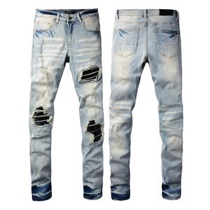 Jean droit pour homme style punk en denim délavé foncé, respirant, en coton/élasthanne, avec motif imprimé métallisé, taille mi-haute et fermeture boutonnée - Product Image 4