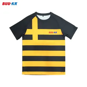 Bukerポリエステルカスタム昇華印刷空白の黒と黄色のストライプランニングTシャツ