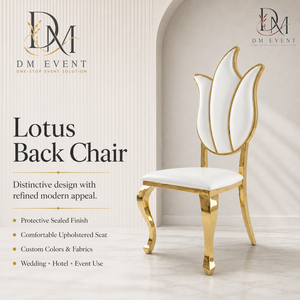 Chaise de mariage décorative en acier inoxydable doré avec dossier en forme de tulipe et coussin blanc pour événements de mariage et banquets - Sièges pour événements - Product Image 1