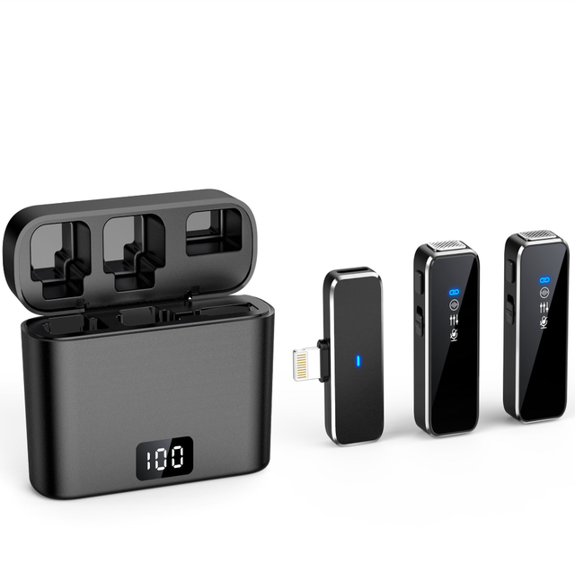 streaming microphone lavalier wireless microphone noise cancelling microphone with charging case and battery level indicator