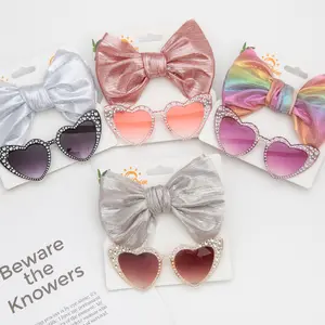 2Pcs/set Party Heart Shape Sunglasses Diamond with Shining Glitter Seaside Girls Hair Bows Nylon Elastic Headband