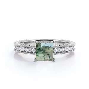 1.25 Karat Princess Cut Natural Druzy Moss Green Agate dan Moissanite Milgrain Border Victorian Pave Engagement Ring