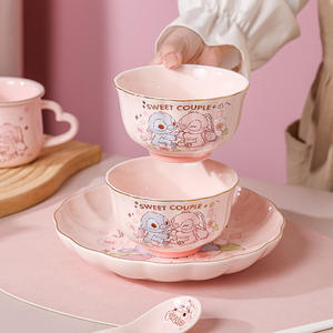 Juego de vajilla de cerámica con esmalte degradado de puntada <span class=keywords><strong>rosa</strong></span> de dibujos animados, diseño de Phnom Penh, placa de puntada en forma de corazón, portátil, reutilizable - Product Image 1