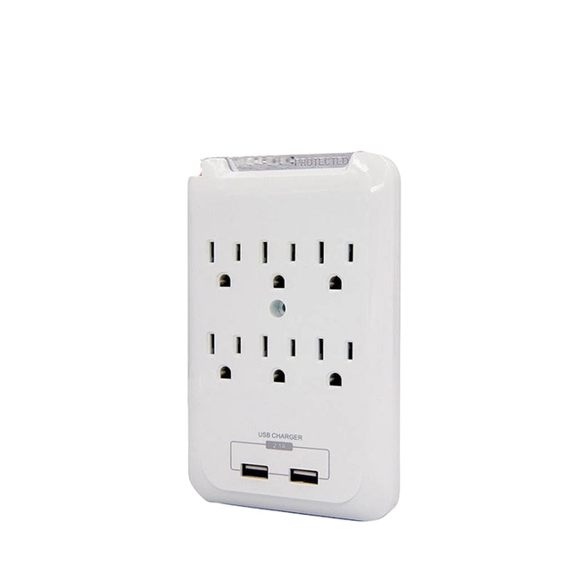 Commercial Dimmed LED Light 6 Outlet Wall Socket Surge Protector with 2.4A Dual USB Charging 125V ABS ETL for