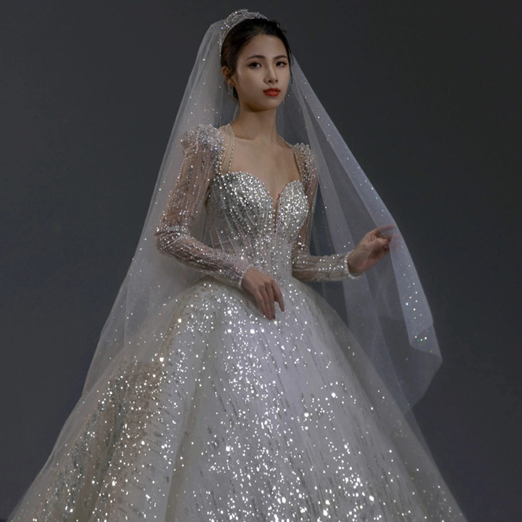 rhinestone beaded wedding dress Luxurious Long Sleevess Beading Appliques Rhinestones Mermaid Wedding Dress with Sweep Train