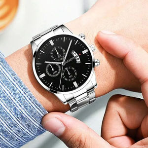 Montre-bracelet analogique d'affaires de marque en or et argent, bracelet en acier inoxydable avec <span class=keywords><strong>date</strong></span> et calendrier de luxe, montre à quartz, coffret cadeau pour hommes - Product Image 4