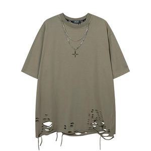 T-shirt X206 pour homme, style hip-hop, délavé, 100% coton, suédé, lourd, surdimensionné, mode streetwear, ample, trous déchirés, tricoté - Product Image 4