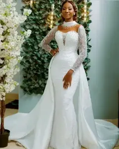 2023 nouvelle robe de mariée en queue de poisson détachable personnalisée à manches longues robe de mariée sirène grande taille perles robes de mariée