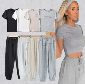 Latest Women Street Crop Tight T-shirt Straight Pants Casual Suit Jogging Two Piece Set