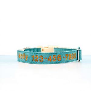 Collier pour chien en daim bleu sarcelle brodé avec nom et coordonnées personnalisés, laisse multicolore réglable - Product Image 1