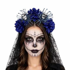 Women's Halloween Ghost Bride Simulation Chrysanthemum Handmade Cloth Headband Skull Veil Hair Clip <b>Costume</b> Party - Product Image 4
