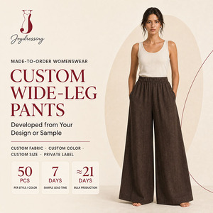 <span class=keywords><strong>Pantaloni</strong></span> Larghi da Donna <span class=keywords><strong>in</strong></span> Lino Intrecciato <span class=keywords><strong>con</strong></span> <span class=keywords><strong>Vita</strong></span> Alta Elastica, Casual, Personalizzabili OEM ODM - Produzione Joydressing - Product Image 1