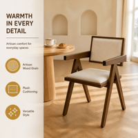 Fauteuil en bois de style moderne du milieu du siècle, structure en bois d'hévéa massif, pieds en forme de V, siège rembourré, restaurant, hôtel, café