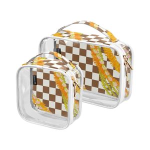 Bolsa de Cosméticos Transparente de PVC, 2 Piezas, Personalizada, con Cierre, Diseño a Cuadros Hawaianos Marrones con Estampado de Puakenikeni, Portátil, para Viaje, Maquillaje y Artículos de Aseo - Product Image 2