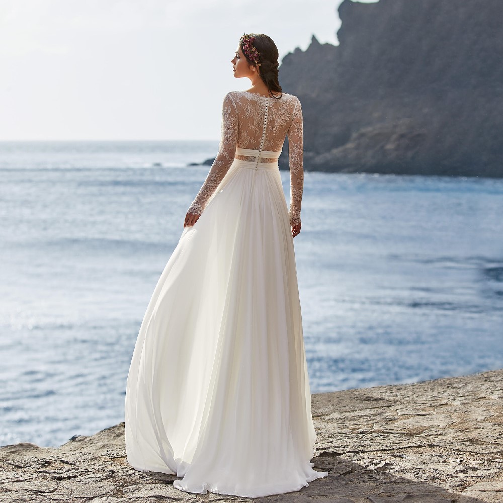 ON448 Wedding Dress - Long Sleeve V-Neck Chiffon Gown