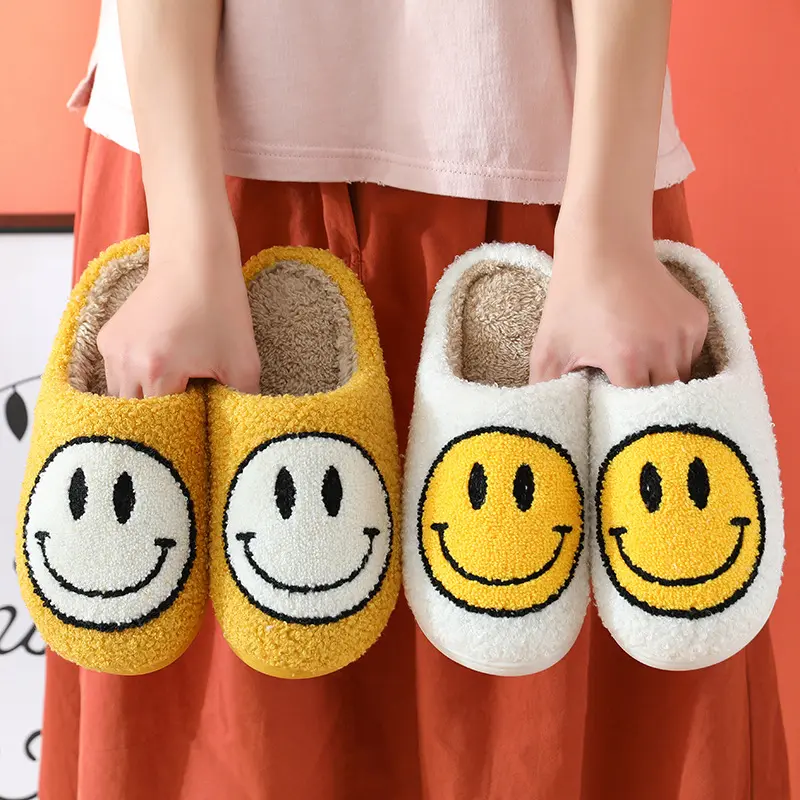 HF winter cute home blue yellow pink red purple green happy smiley face slippers for women men