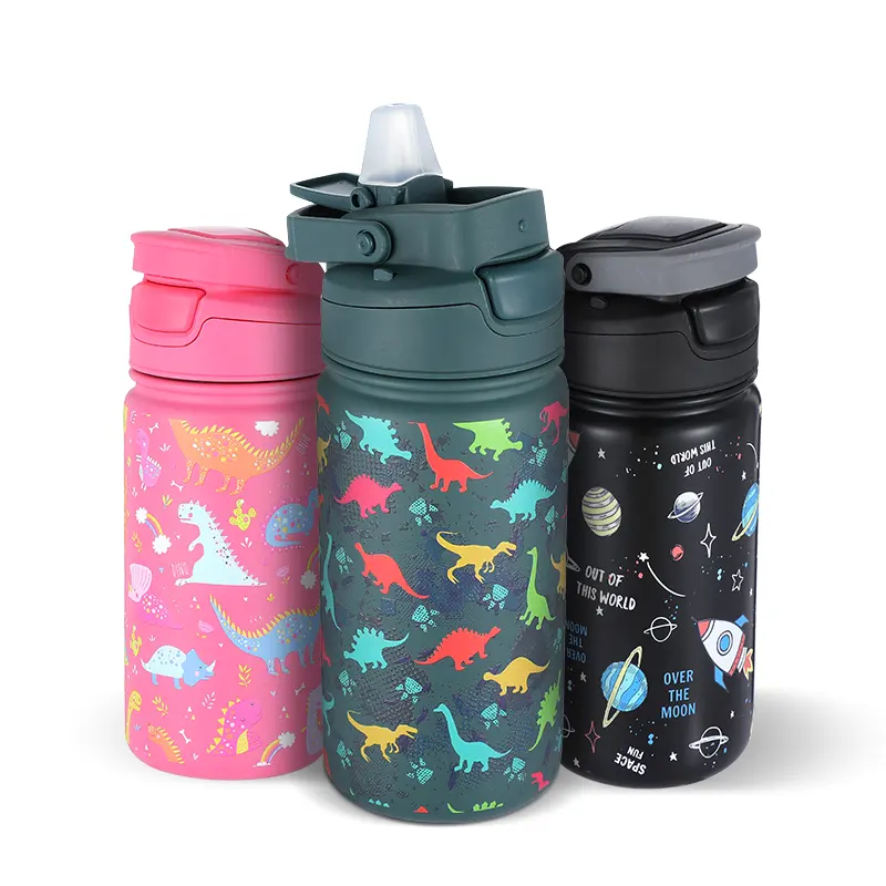 Cute 14oz Kids Stainless Steel Vacuum Flask Thermos With Straw Lid Dishwasher Safety Water Bottles