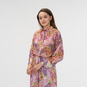 Ensemble deux pièces OEM pour femmes, col mandarin, manches longues, imprimé floral, robe longue en mousseline de soie pour femmes - Product Image 4