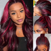 Perruque Lace Frontale HD Transparente 5x5 sans colle, Cheveux Humains Vierges Brésiliens, Ondulation Body Wave Rose Bourgogne, pour Femmes Noires