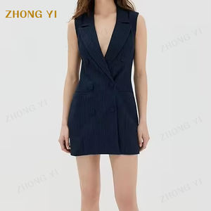 Groothandel Vrouwen Streep Ponte Mouwloze V-Hals Blazer Jurk Kraag Hals Piek Revers Double Breasted Knoopsluiting Pak - Product Image 2
