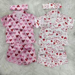 新款设计师睡衣粉色爱心印花两件套妈妈和我情人节缎面女式睡衣套装