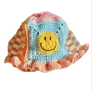 S8094 Fashion Pastel Color 100% Acrylic Crochet Smile Face Bucket Hat Knitted Cute Funky Sunflower Fisherman Beanies
