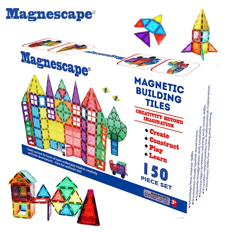 Magnescapeบล็อกก่อสร้างแม่เหล็กของเล่น150ชิ้น,บล็อกก่อสร้างแม่เหล็กของเล่นกระเบื้องแม่เหล็กของเล่นเพื่อการศึกษาตัวต่อแม่เหล็ก