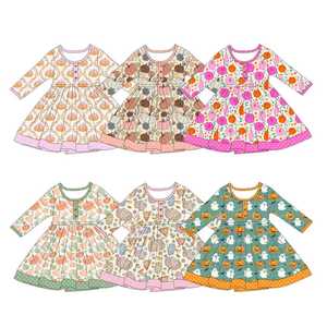 Robe décontractée en coton mélangé à col rond et motif floral pour petites filles, style boutique personnalisée, vente en gros, tenues de shorts pour enfants, vêtements pour sœurs - Product Image 2