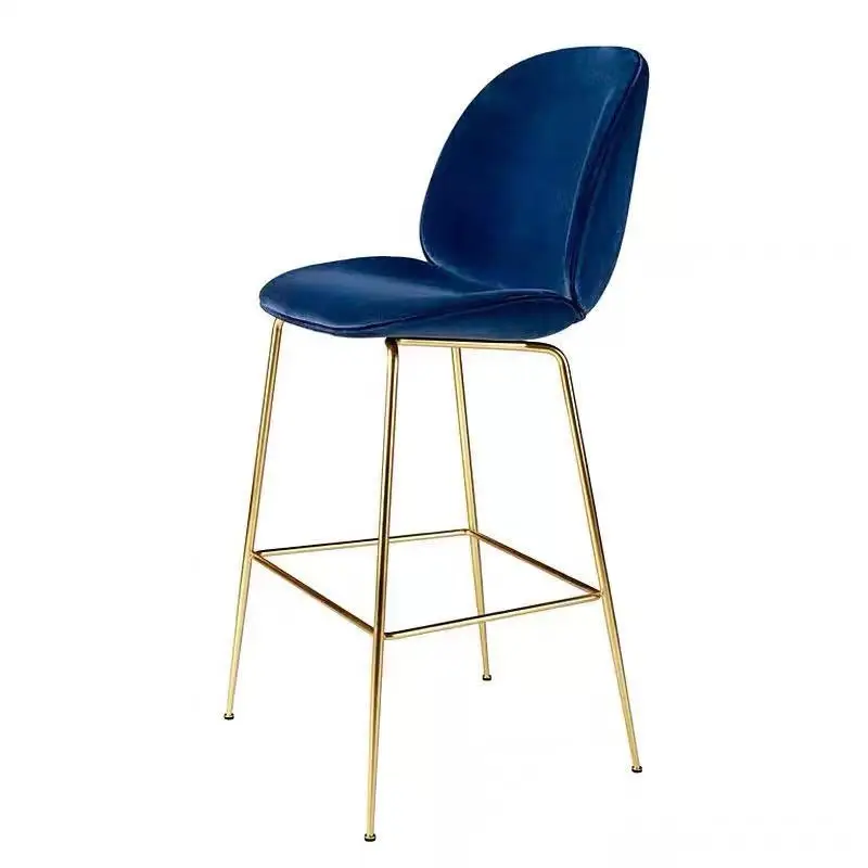 Fashion Metal Chair Barstool with 75cm Height Blue Velvet Upholstered Seat Gold Leg Bar Chairs