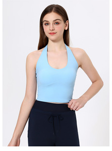 Women Tie Halter U Neck Open <b>Back</b> Tank <b>Top</b> Built In Padded Slim Stretch Sleeveless Yoga Crop <b>Top</b> <b>Low</b> Impact Pilates Workout Vest - Product Image 3