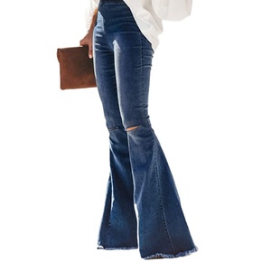 2025 Spring Fashion Destoryed Flare Elastic Waist <b>Bell</b> Bottom Hem Denim Pants Plus Size Women's Jeans - Product Image 3