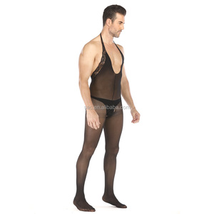 Wn190005 Mannelijke Lingerie Japanse Black Tank Tops Halter Open Jumpsuit Bodystockings Voor Mannen In Sexy Zijden Kousen - Product Image 3