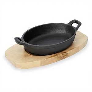 Heavy Duty Cast Iron Sizzler Plate With Solid Wood Board For <b>Barbecue</b> Grilling Professional Kitchen Hot Serving Platter - Product Image 4