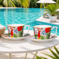 Service à thé en céramique motif perroquet tropical, théière et tasses avec bordure dorée, motif hibiscus et ara floral, service à café en porcelaine pour la maison, cadeau pour le thé de l'après-midi