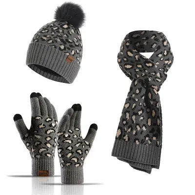 Pompom Autumn Winter Knit Beanie Women Hat Suit Touch Screen Gloves Leopard Print Girl Warm Scarf Hat Glove Sets