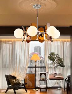 Lustre Bauhaus Magic Bean à 8 lumières, suspension rétro avec pales en <span class=keywords><strong>teck</strong></span> et acrylique, verre blanc pour salon, salle à manger, éclairage moderne - Product Image 4