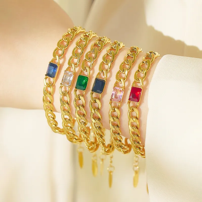 Waterproof Jewelry 18K Gold Plated Colorful Crystal Chunky Bracelet& Bangle Stainless Steel Zircon Cuban Link Bracelet Women