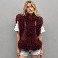 Veste sans manches en cuir d'agneau bordeaux avec garniture en fourrure de mouton pour femme, style chic, collection automne-hiver, vente en gros Jancoco