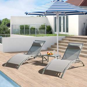 طقم كراسي استلقاء للشمس من الألومنيوم قابل للتعديل في الهواء الطلق من 3 قطع معدنية في جميع أنحاء الطقس الفناء الخلفي - Product Image 1