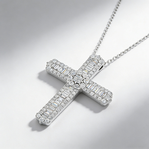 CUSTOM SILVER 10K/14K/18K GOLD PLATED LAB GROWN CVD DIAMOND CLASSIC ENGAGEMENT GIFT SWEATER <b>CHAIN</b> NECKLACE <b>CROSS</b> PENDANT - Product Image 3