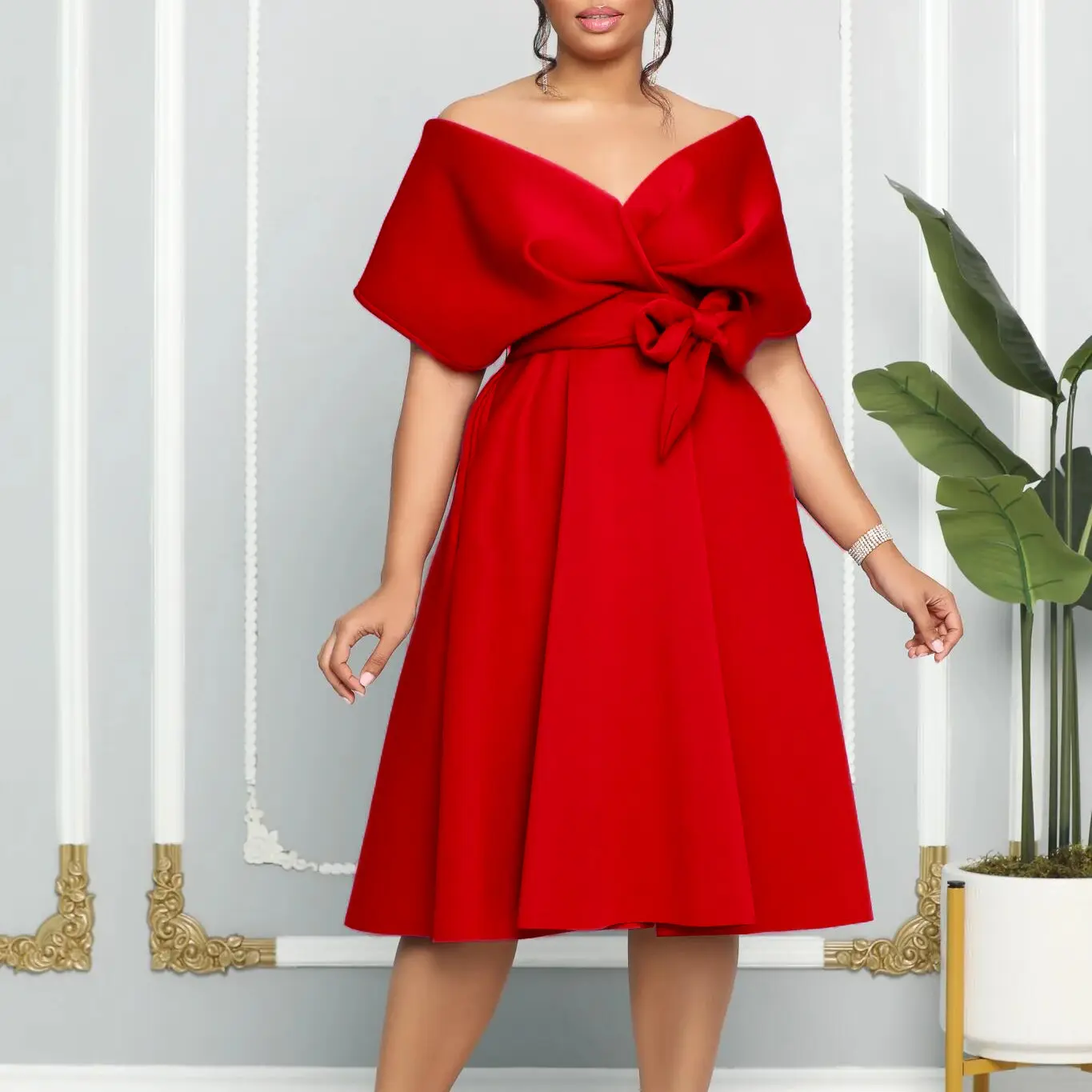 Robe de soirée sexy à col en V pour femme Robe d'été à manches courtes avec ceinture Robe trapèze solide pour femme de grande taille