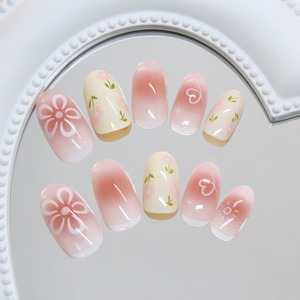 R947 <span class=keywords><strong>Cream</strong></span> Blush Starburst Floral Press on Nails Herbruikbare Volledige Dekking Kunstnagels Glansrijke Nude Nageltips 24 stuks - Product Image 4