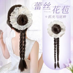 Perruque queue de cheval double tressée avec pince à cheveux en dentelle florale pour femme, extension de cheveux queue de cheval basse pour un volume accru - Product Image 1