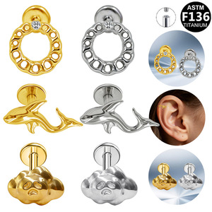 Boucles d'oreilles clous en titane, forme dauphin et nuage, en alliage de titane G23 de qualité médicale, bijoux de piercing unisexe, clous d'oreilles tendance - Product Image 1