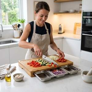 Planche à découper en bambou avec 2 tiroirs en acier inoxydable, planche à découper robuste pour une préparation culinaire efficace, nouveauté - Product Image 2