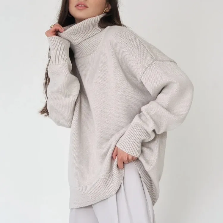 Enyami Atasan Dasar Wanita Musim Dingin Atasan Pullover Sweter Longgar Jumper Kustom Rajutan Longgar Leher Tiruan Biru Hijau