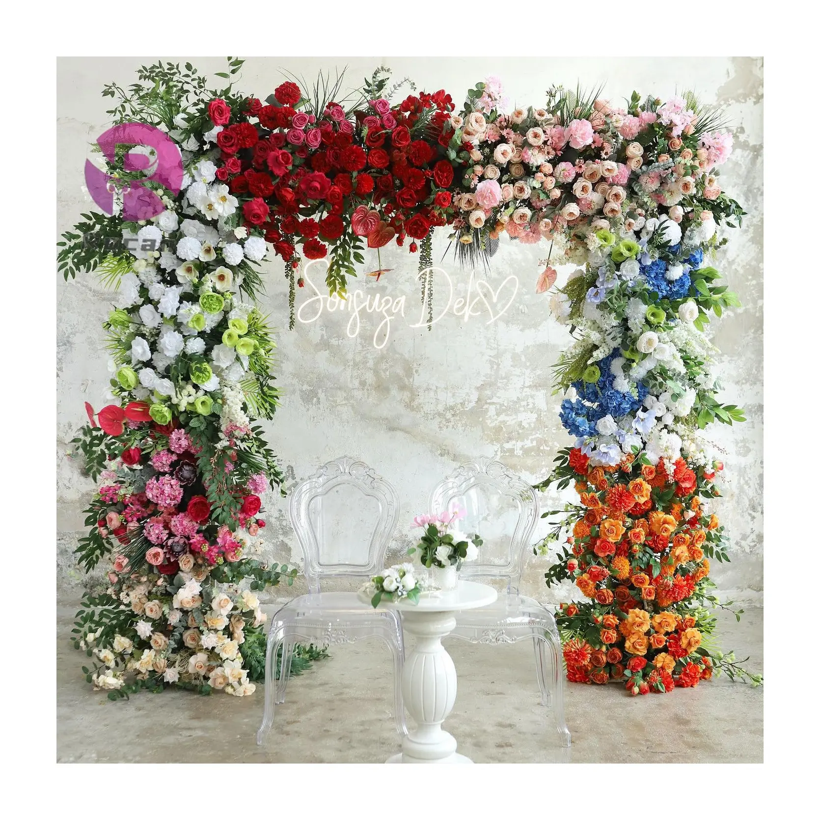 Cam màu xanh lá cây hoa sắp xếp lụa tăng màu xanh màu hồng hoa runner hoa vòm cho đám cưới vòm Backdrop sự kiện trang trí nội thất bên