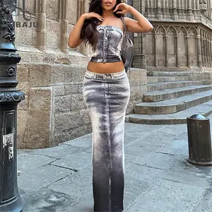 Y2K Print Bodycon Maxi Split Kleid Anzug Frauen Träger los Rücken los Crop Top Korsett und Rock Zweiteilige passende Sets