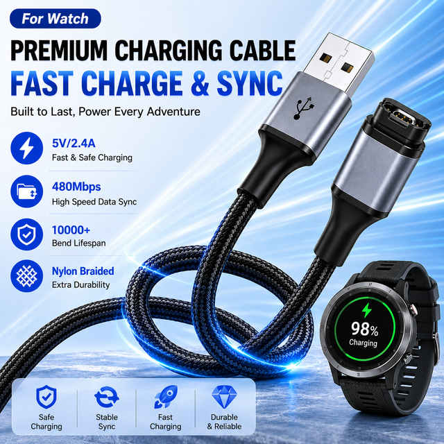Replacement Alloy Shell Magnetic 2-Pin Smart Watch Charging Cable Compatible With Gamin Forerunner 955 255 Venu 2 Plus